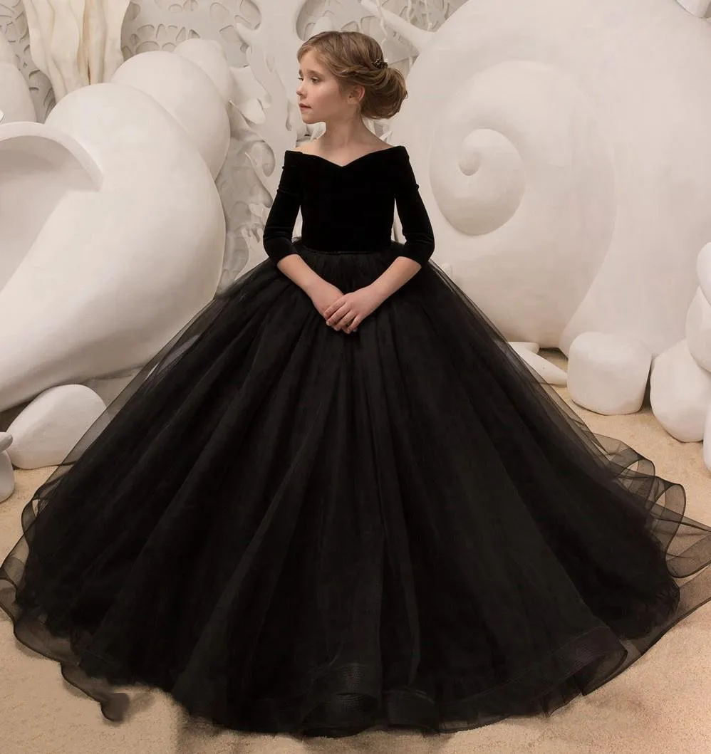 2022 schwarz Prinzessin Ballkleid Kinder Pageant Kleid Mit Elegante Halbarm Für Mädchen Im Alter Von 5 -14 Jahre Robe de Soirée De Mariage