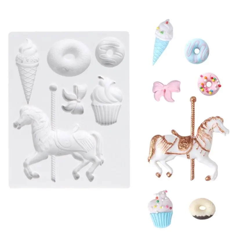 Trojan Ice Cream Baby Meal Fondant Moulds Carousel Horse Cake Decoration Silicone Mold Chocolate Diy Baking Tools k924