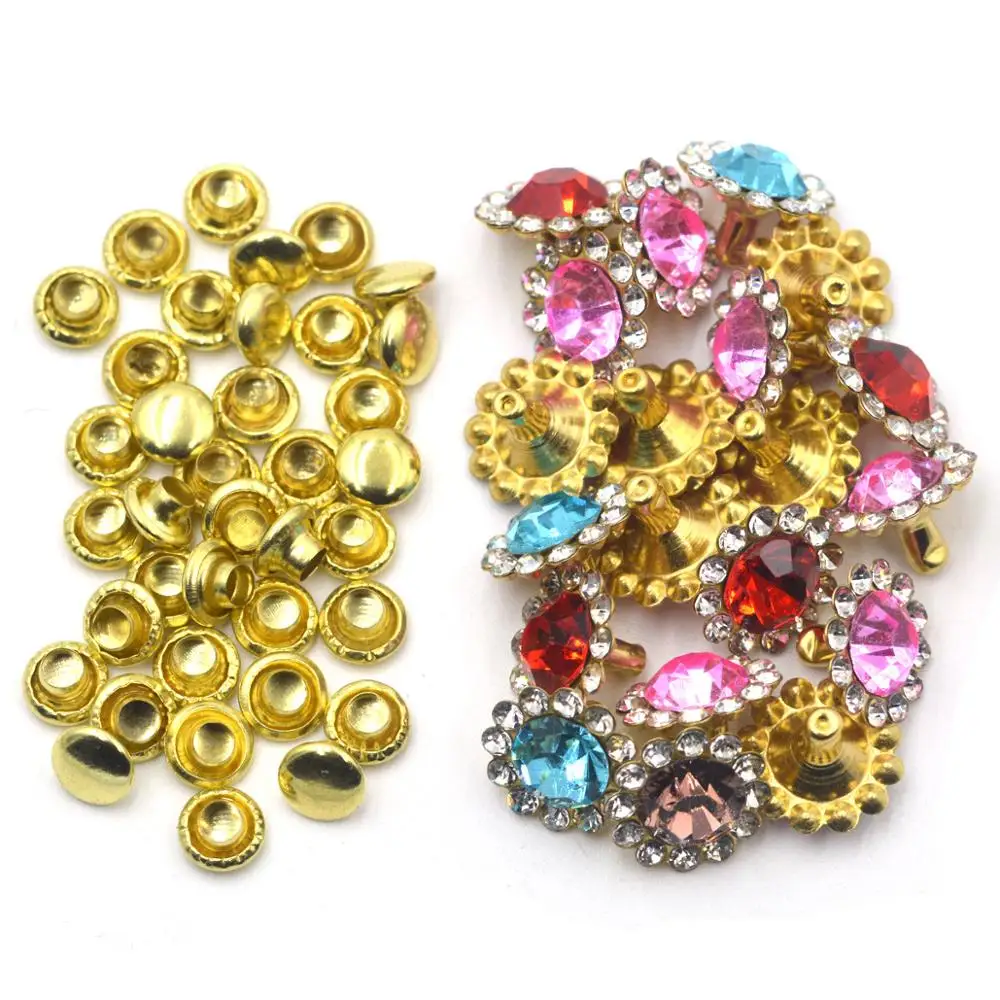 KALASO 30pcs Glass Crystal Double Cap Rivet Stud Collision Nail Leathercraft Shoe Bag Belt Handicrafts Garment Bracelet 8.3*11mm