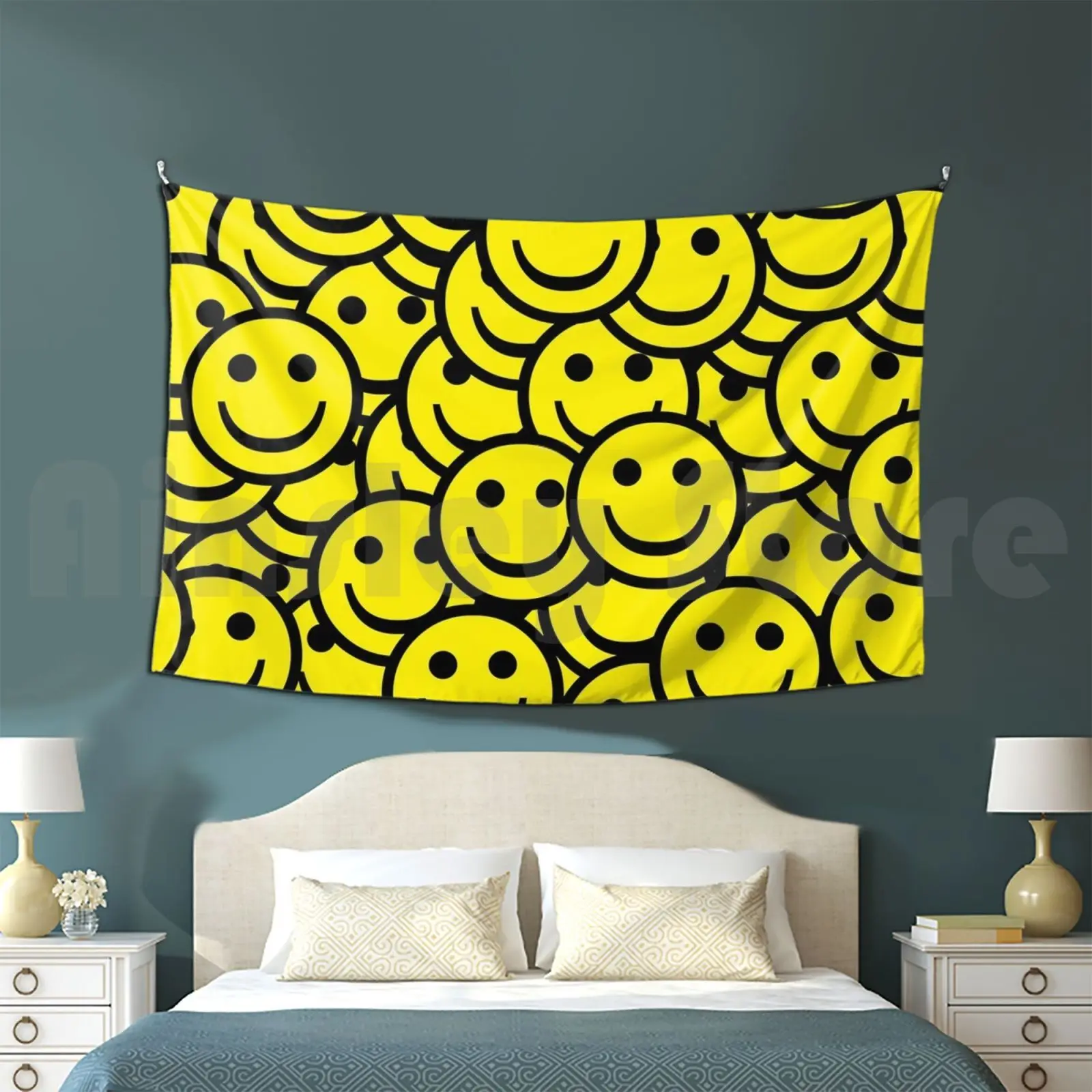 Smile! Tapestry Background Wall Hanging Smile Laugh Cute Kitsch Kawaii Niche Unique Yellow Eye Mouth Circle Ikdg