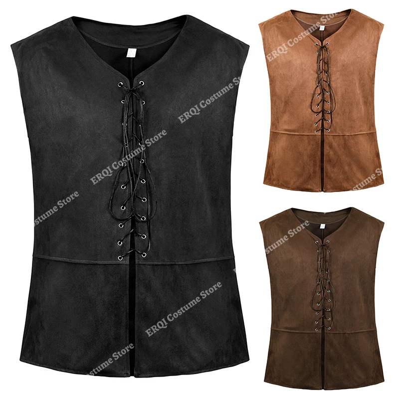 Pirate Vest Faux Leather Medieval Waistcoat for Men Cosplay Chevalier Costume Plus Size Renaissance Vest Brown Black Blue