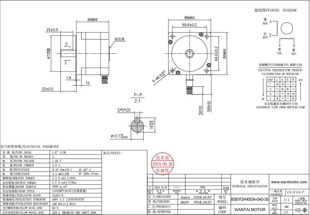 CNC Wantai Nema34 Stepper Motor Unipolar 85BYGH450A-040-35 4A 66mm 452oz-in CE ROHS ISO Plastic Metal Milling Machine