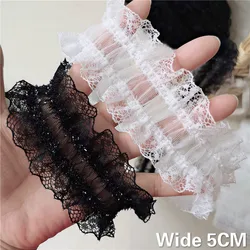 5CM Wide White Black Soft Tulle Fabric Stretch Lace Embroidered Ribbon Elastic Ruffle Trim Cuffs Neckline Sewing Appliques Decor