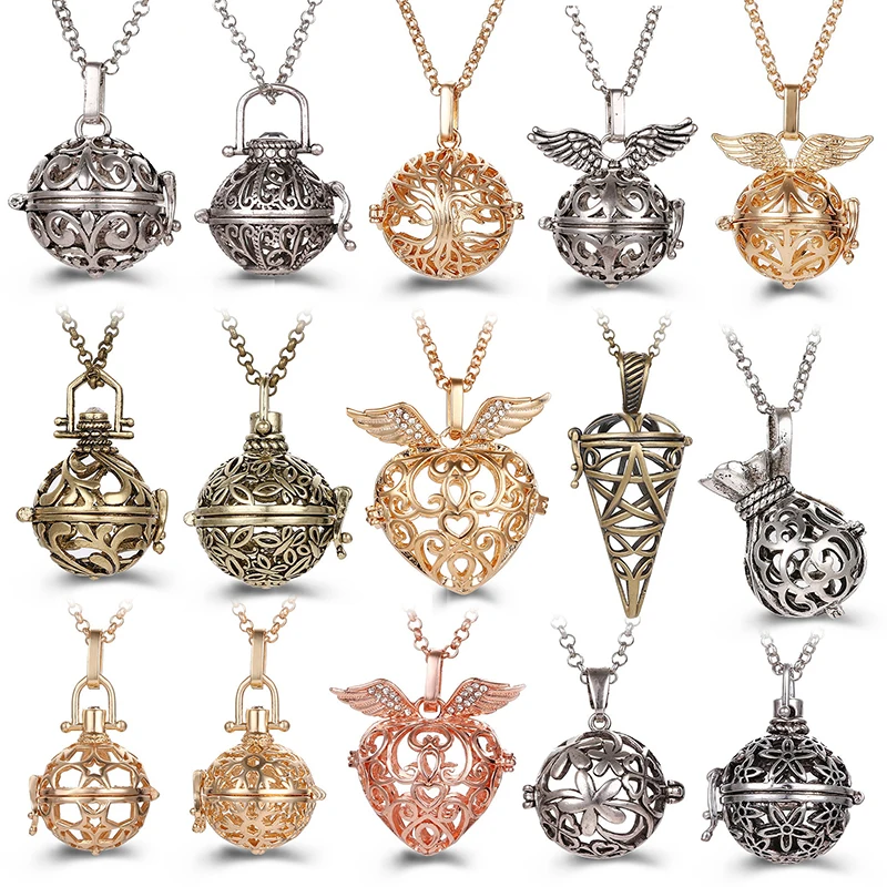 Multiple Style Mexico Chime Angel Wings Music Ball Necklace Vintage Perfume Locket Necklace Aromatherapy Oil Diffuser Wholesale