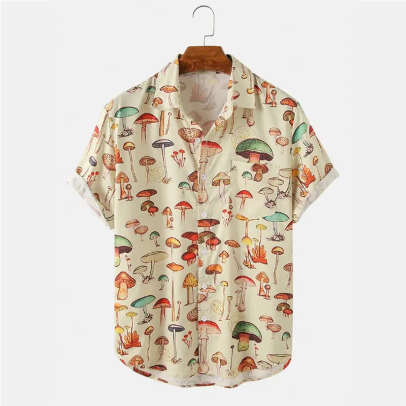 2023 Men\'s Hawaiian Shirt Fashion Casual Streetwear Turn-down Button Short Sleeve Cartoon Mushroom Beach Printed Shirt  Summer