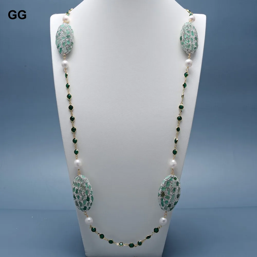 GuaiGuai Jewelry Natural White Pearl Green Jade Aventurines Chips Cz Pave Green Crystal Chain Long Necklace Handmade For Women