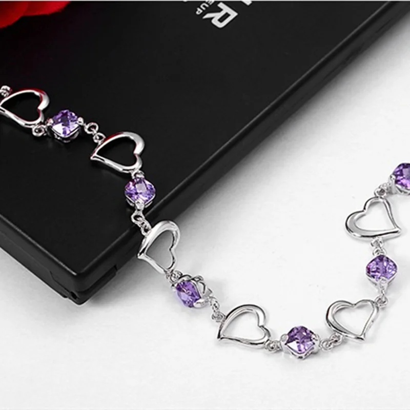 High Quality 925 Sterling Silver Bracelet Heart Purple Crystal Zircon Bracelet For Woman Party Engagement Jewelry Gift