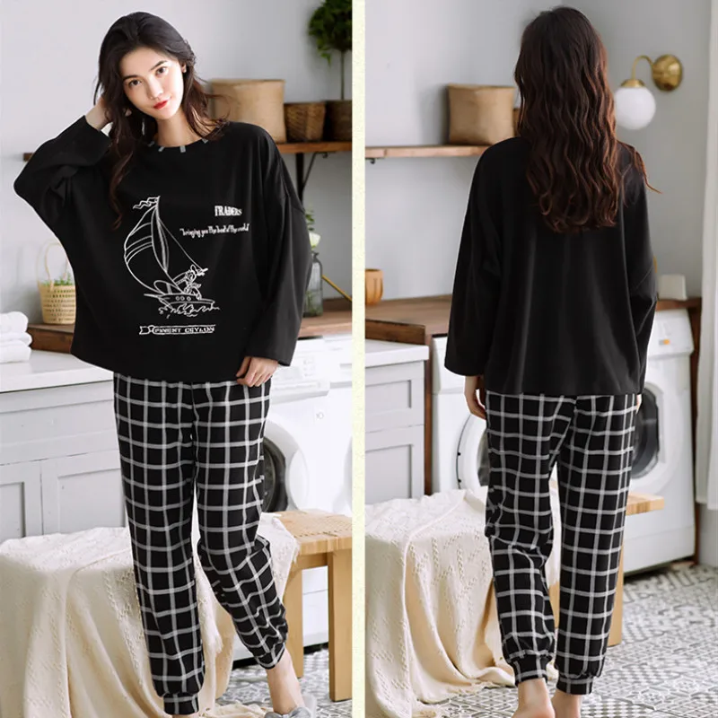 2021 New Sexy Pajama Women Spring Autumn O-Neck Printed Loose Sleepwear Girl Cute Cartoon Sweet Sleep Tops Casual Home Wear Suit