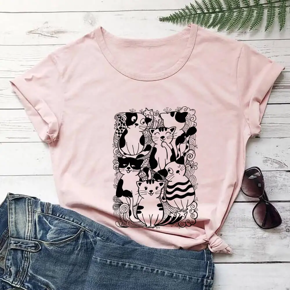 

Cats Doodles Graphic Print 100%Cotton Women Tshirt Cat Lover Funny Summer Casual O-Neck Short Sleeve Top Pet Lover Gift