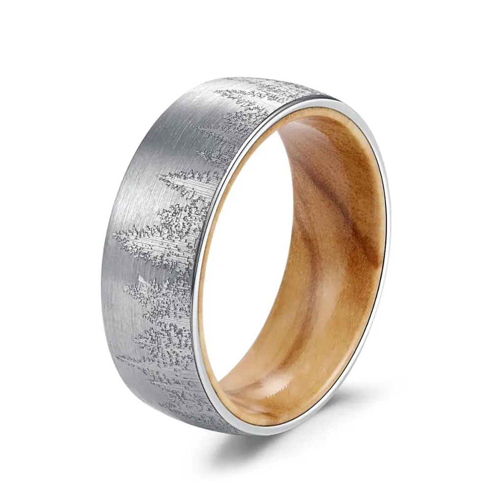 

New Design 8mm Width Tungsten Hunt Ring for Men with Solid Oliver Wood Inside Matte Finishing Engrave Natural Forest Size 6-14