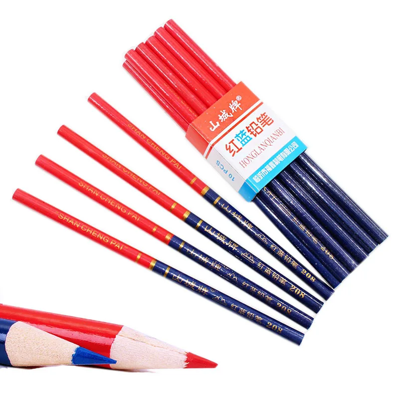 10/20 Buah Pensil Batang Bulat Merah dan Biru Pena Tukang Kayu Penanda Titik Tukang Kayu