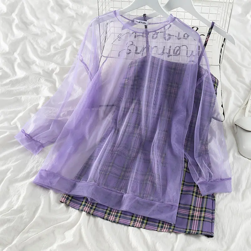 Plaid Goblincore Aesthetic Purple Harajuku Korean Sling Dress Summer Hollow Out Slim Casual Sexy Turtleneck Teens Flare Sleeve