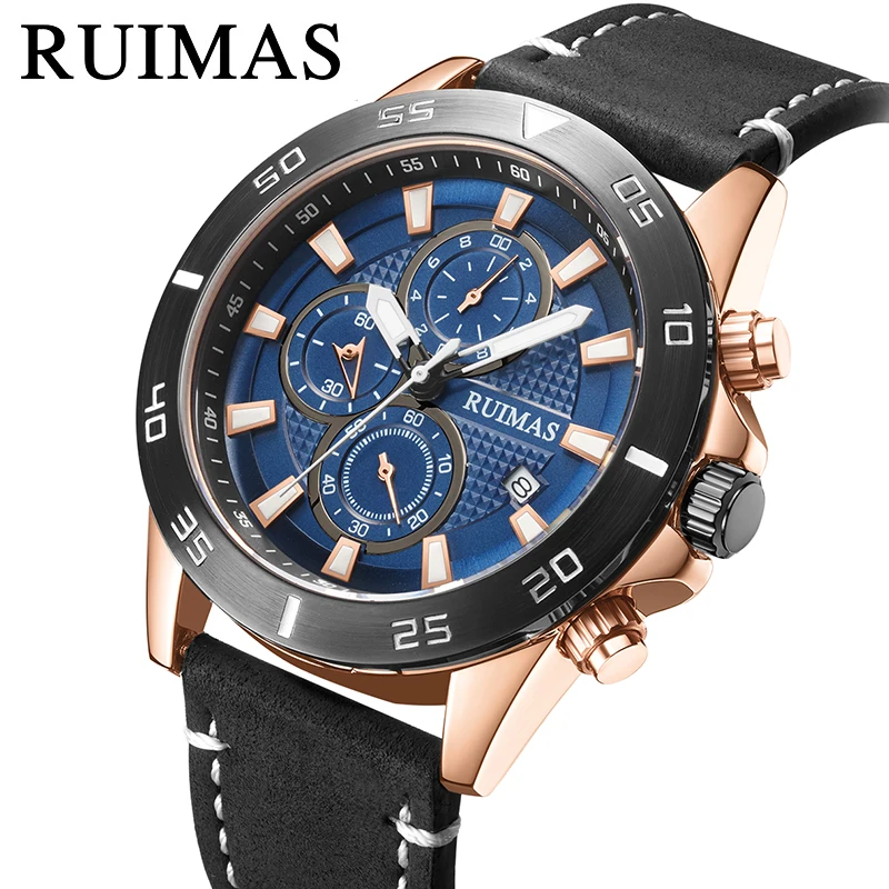 RUIMAS orologi da uomo al quarzo ufficiali moda cronografo in vera pelle orologio per uomini delicati studenti maschi Reloj Hombre 572