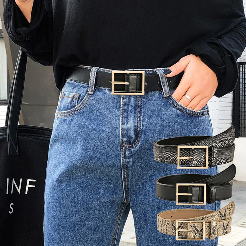 Fashion Belts for Women Luxury Quality Gold Square Buckle Waistband Snakeskin Pattern Trousers Jeans Casual Ladies Waist Belt