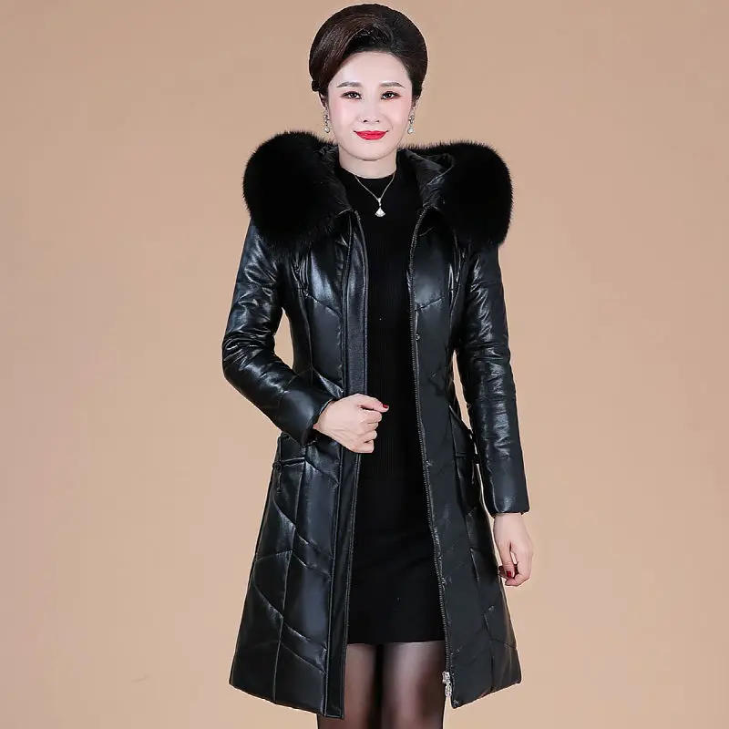 2022 New Winter Pu leather Parka Women Down Cotton Jacket Fur Collar Coat Female Thicken Warm Mid Long OuterwearR1674[blackl]