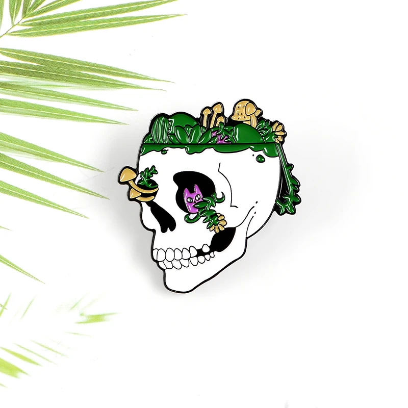 New Horror White Skull Metal Enamel Pin Delicately Grow Green Plant Fungus Elf Badge Jewelry Brooch Gift