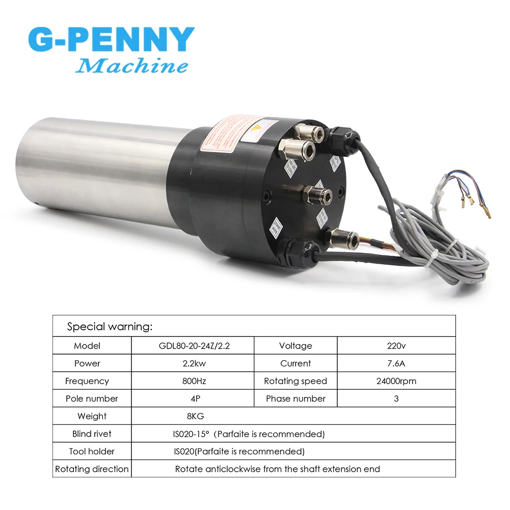 2.2kw Water Cooled Spindle ATC Spindle Motor 220v Rotating spdeed 24000rpm 4 Pole 800Hz Blind rivet IS020-15ยฐ Tool holderIS020