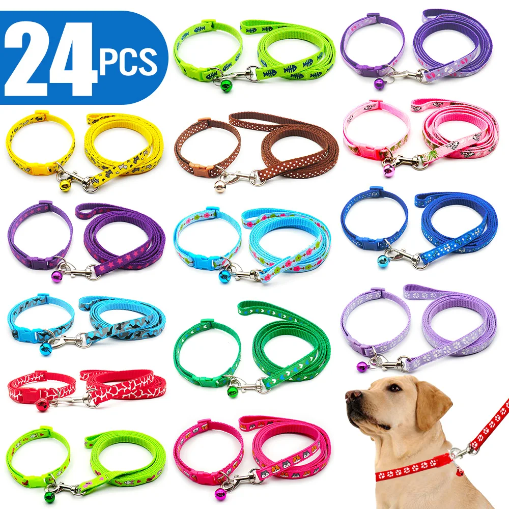 24Pcs Szelki dla psa z nadrukiem Smycz dla kota Treningowy siatkowy pasek na klatkę piersiową Regulowany smycz do chodzenia na zewnątrz dla szczeniaka i zwierzaka
