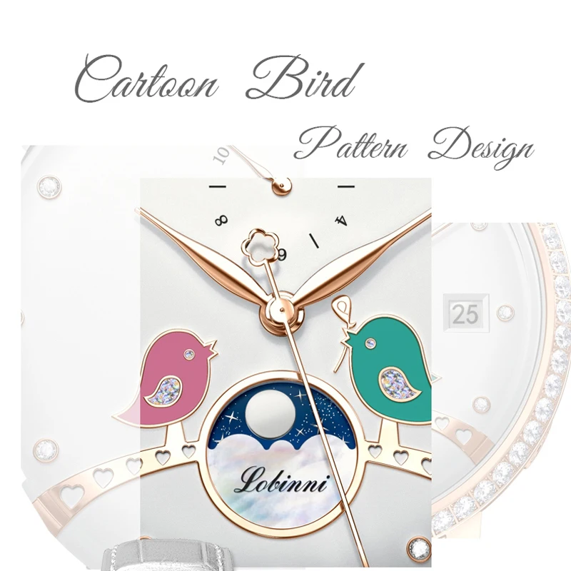 LOBINNI 여성용 정품 가죽 스트랩 시계, 문페이즈 자동 기계식 시계, 사파이어 유리, 방수, 패션