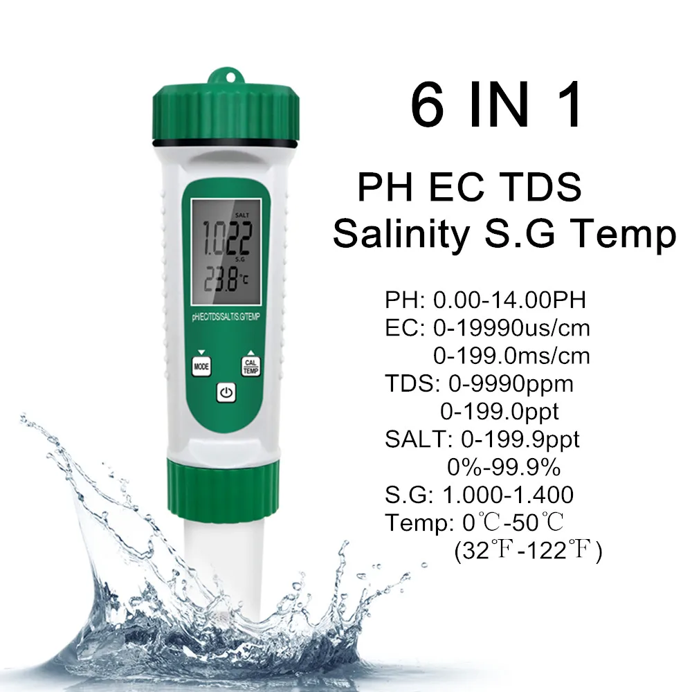 6 In 1 PH Meter EC TDS Salinity S.G Temp High Precision Probe Water Quality Testing Acidometer for Drinking Laboratory Aquarium