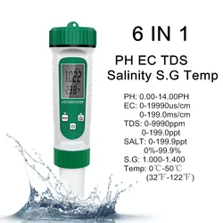 6 In 1 PH Meter EC TDS Salinity S.G Temp High Precision Probe Water Quality Testing Acidometer for Drinking Laboratory Aquarium