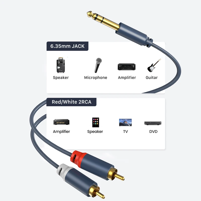 Cabletime 6.35mm to 2 RCA Jack Cable Male to Male Stereo Cable Gold Plated AUX Audio Cable For Music Amplifier Line C218