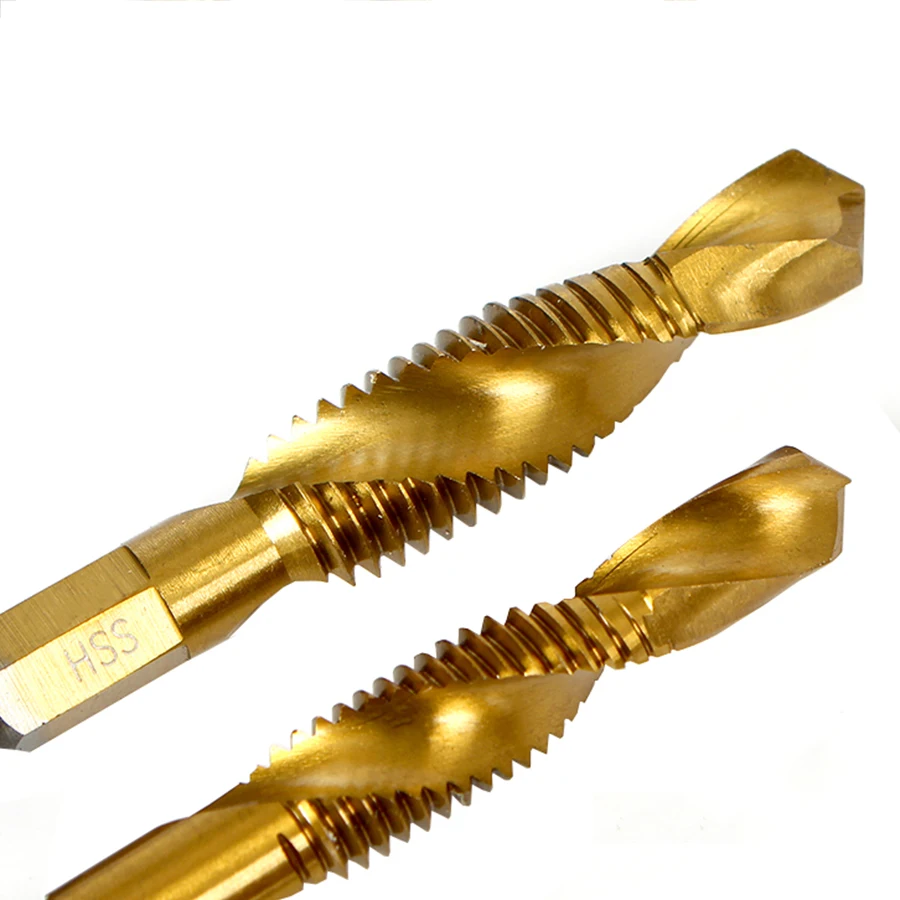 6Pcs Three-In-One ความเร็วสูงเหล็กก๊อก M3 M4 M5 M6 M8 M10ก๊อกเจาะ Chamfering One ชิ้นเกลียว Titanium ชุบก๊อก
