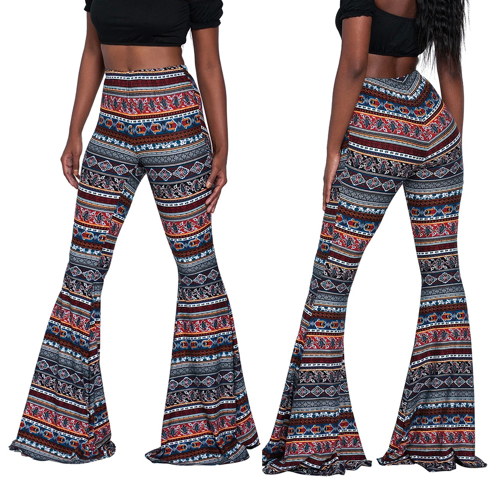 Boho Geometric Print Women High Waist Bell Bottom Loose Wide Leg Flared Pants