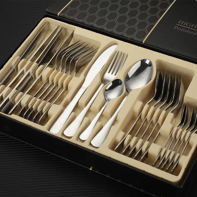 Silver Cutlery Gold Cover Gift Box, Dinner Set, New Year Gifts 2024 Glasses of Wine for Home, Spoon Tourism Tableware, 24 PCs