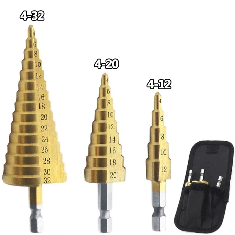 

4-12 4-20 4-32 мм ступенчатое сверло из быстрорежущей стали с прямым желобом сверло с титановым покрытием для металла древесины конусное сверло набор инструментов для сверления