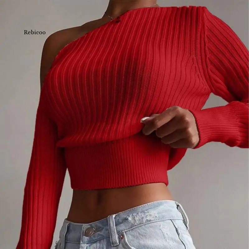 New Sexy Off Shoulder Women\' Sweater Jumper Spring Long Sleeve Knitted Crop Tops Fashion Solid Lady Pullover Sweaters Streetwear