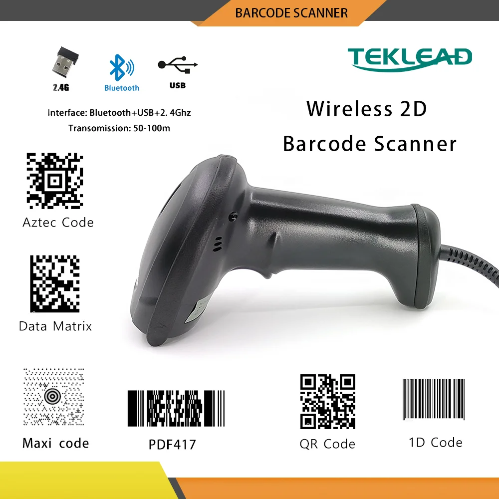 TEKLEAD USB Wired 2.4G Bluetooth Portable  Barcode Scanner 1D 2D QR Bar Code for Store Supermarkt Warehouse