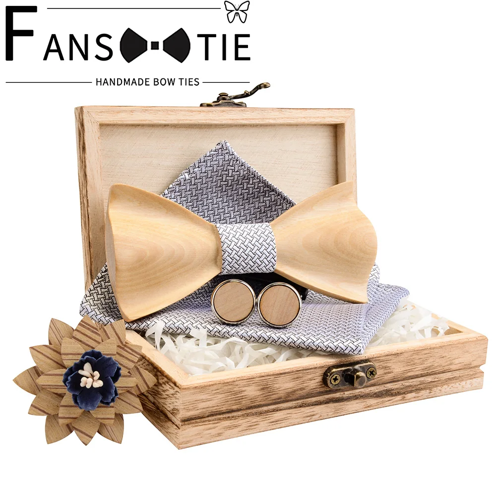 Floral 3D Wooden Bow Tie Set Fashion Paisely Pocket Square Cufflink Brooch Slim Bowtie For Men Wedding Neck Ties Wood Box Gifts