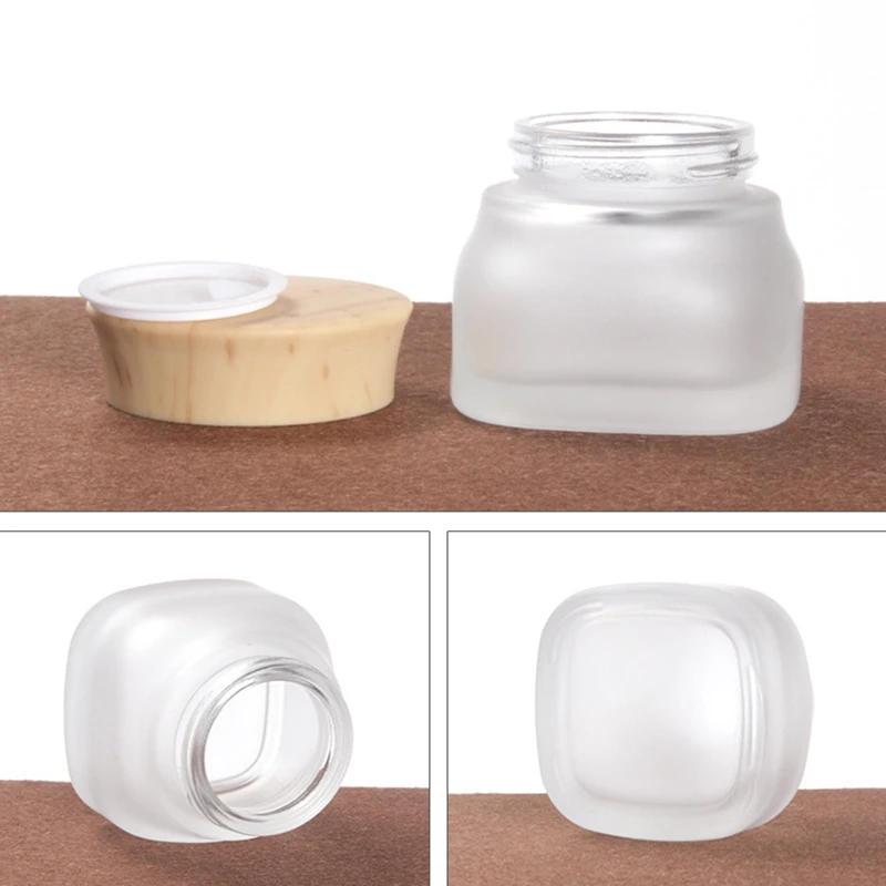 200pcs 50g transparent Matte glass cream jar 50g cream jar Wood lines plastic cap Square Cosmetic Packaging box