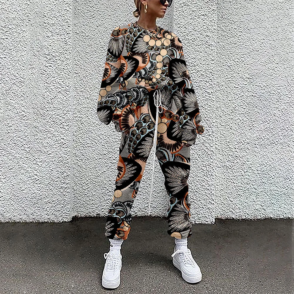 Floral Print Autumn Women Blouse + Pants Long Sleeve Loose Blouse Pants Casual Tracksuit Outfit 4XL Warm Clothes Lady