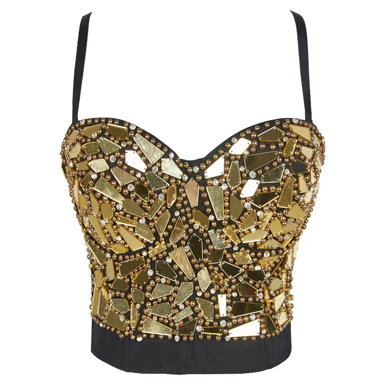 Sexy Women's Glitter Rhinestone Crop Top Rave Festival Shiny Silver Sequin Tank Tops Bra Stage dance nightclub mirror costume