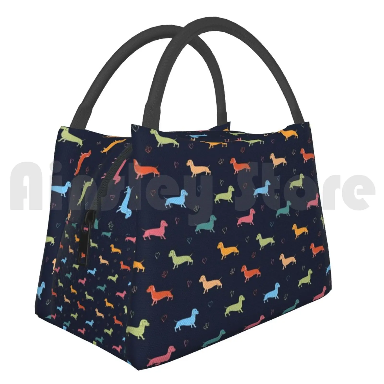 Cooler Lunch Bag Picnic Bag Multicolour Sausage Dog And Hearts Pattern ( Navy ) Dachshund Dachshund Sausage Dog