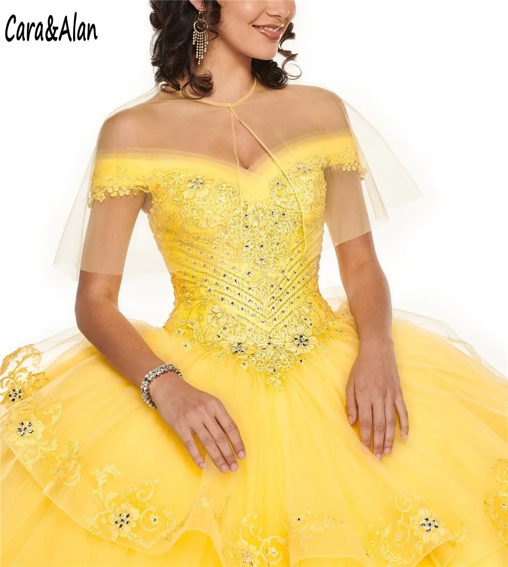 Vestido amarillo de quinceañera, con apliques de encaje envolvente, hombros descubiertos, encantador, 16, con cuentas, 15 años