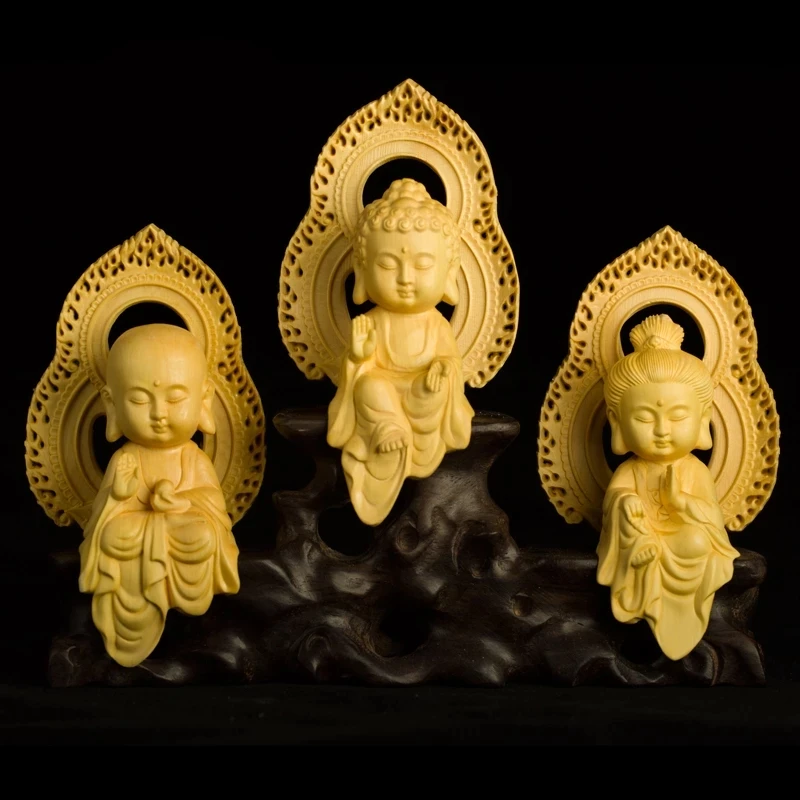 Three Gods Wood Carving Buddha Statue Cute Cartoon Sacred Places Tibetan Buddhism Buddha Statues Ornaments Crafts for Home Decor