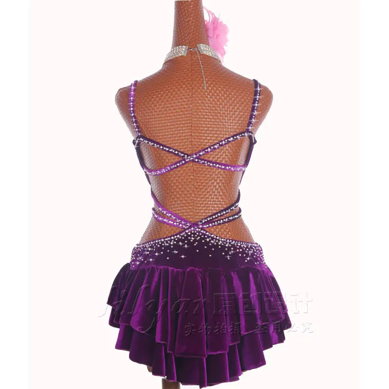 Latin Dance Latin Skirt Salsa dancing Competition Costumes Performing Steel Pipe Girl Purple Stretch Velvet Skirt 12