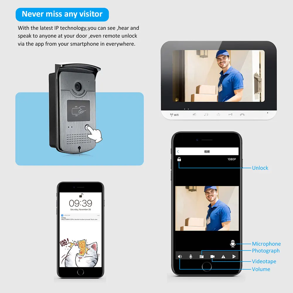 Wired 7 inch Screen Wifi Video Door Phone Intercom Entry System 1 Monitor Support TF Card Record + 1 RFID Doorbell HD Camera