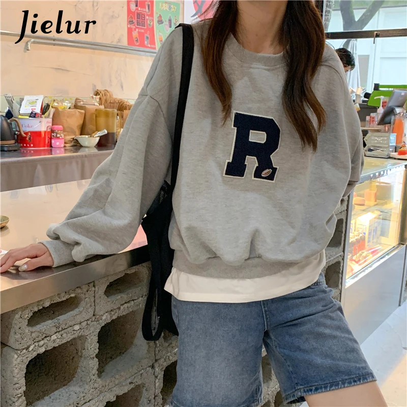 Jielur Lantern Sleeve Sweatshirts Women Apricot Loose Simple Letter R Embroidery O-neck Long Sleeve Tops Streetwear Hoodies M-XL