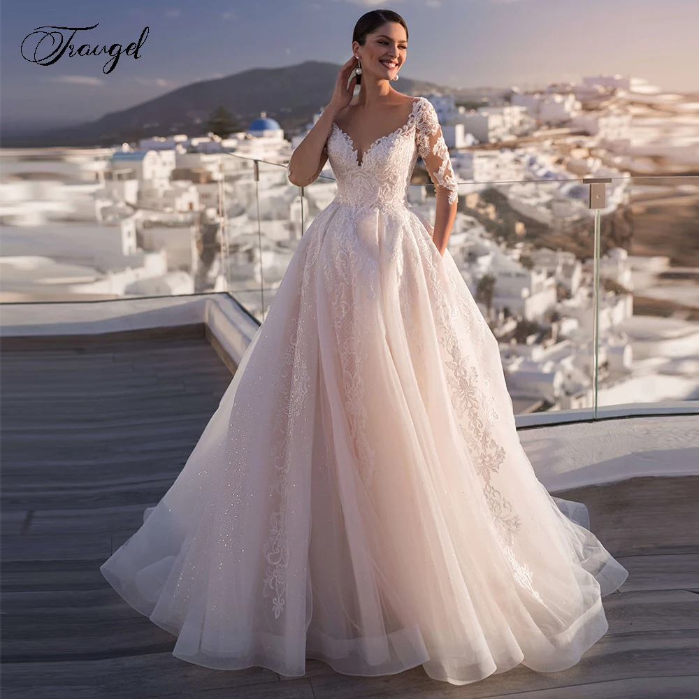 

Traugel Scoop A Line Lace Wedding Dresses Chic Shiny Elegant Applique Long Sleeve Bride Dress Sweep Train Wedding Gown
