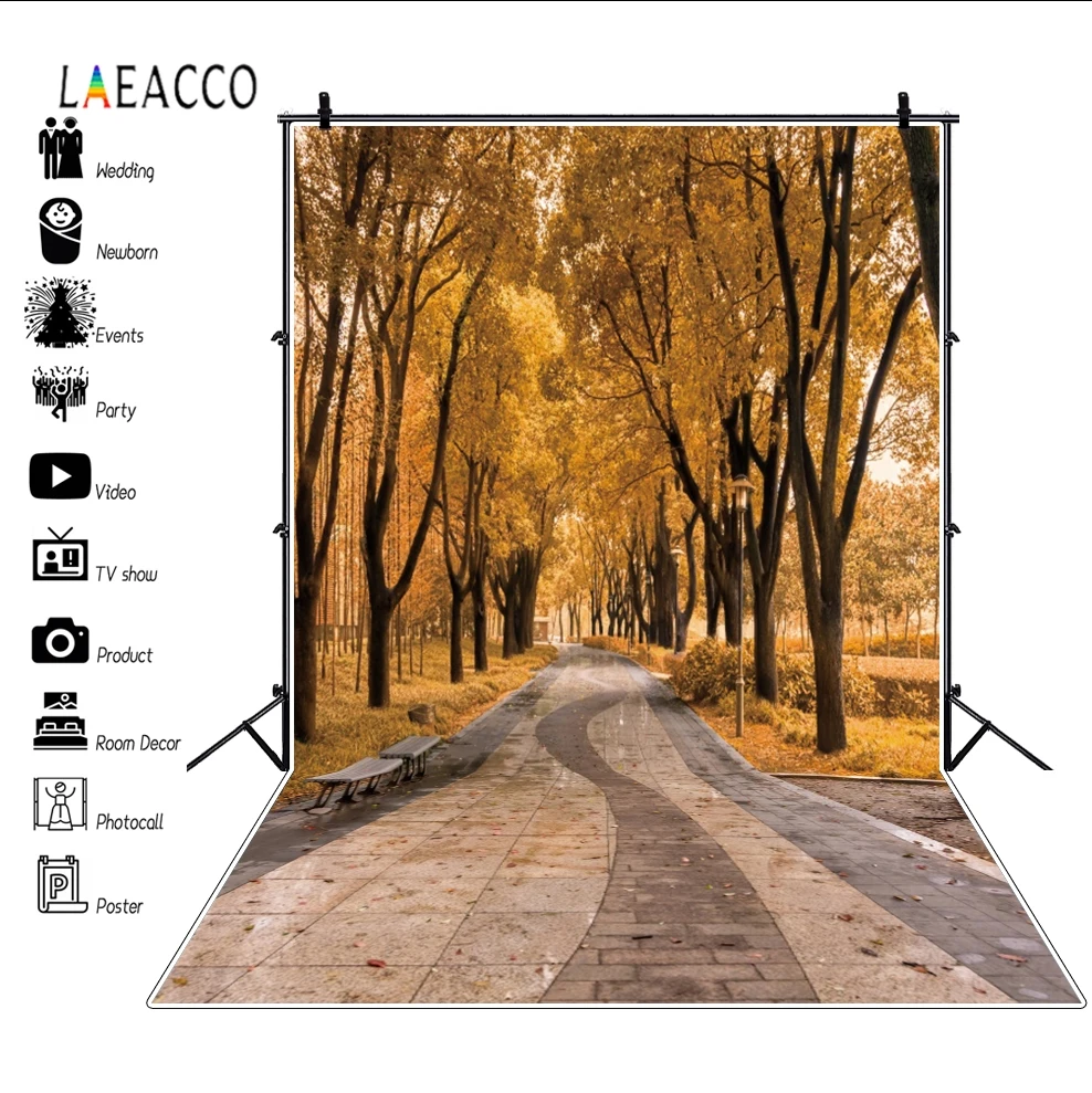 

Laeacco Garden Park Maple Forest Bench Pathway Photography Backgrounds Photo Backdrops Autumn Landscape Portrait Photozone Props