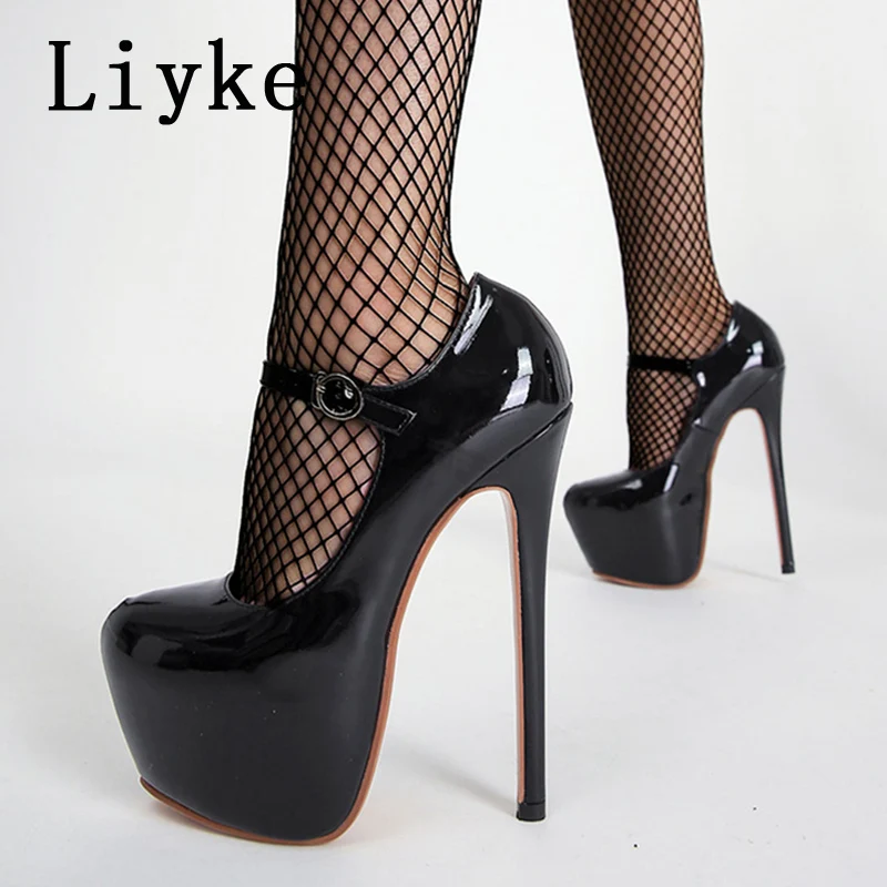 Liyke 2024 Spring Autumn Women Platform Pumps Black Round Toe Buckle Strap 17CM Super High Heels Pole Dance Shoes Stiletto Mujer