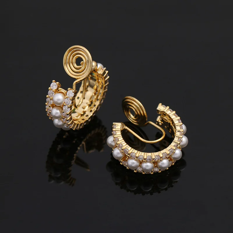 New Design Exquisite Small Semicircle Vintage Simulated Pearl Zirconia Clip on Hoop Earrings No Pierced Women Fashion Pendientes