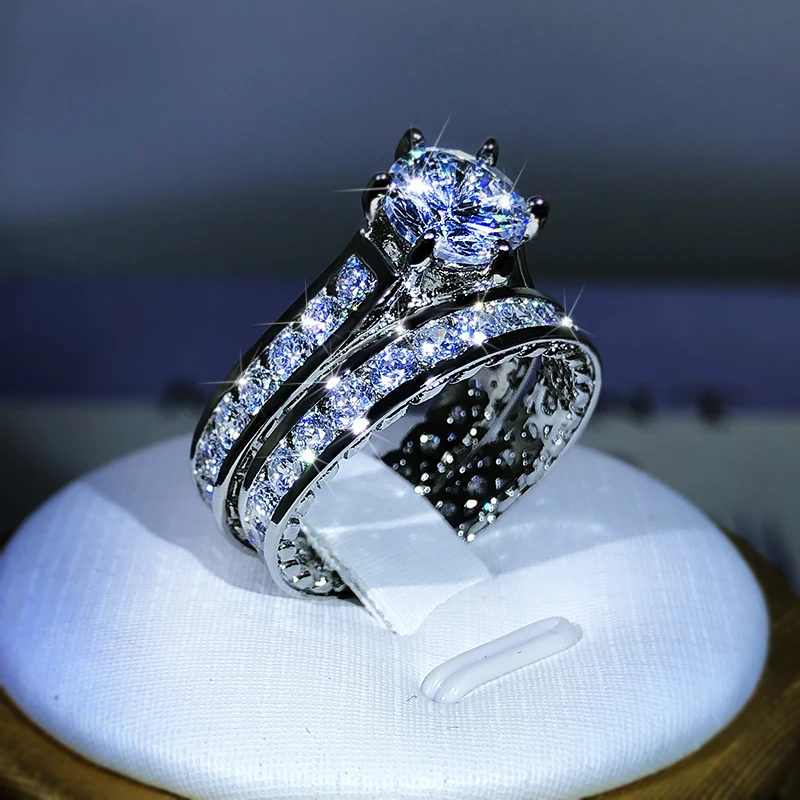 925 Zilveren Luxe Engagement Ringen Voor Vrouwen 2 Stks/set Glanzend Zirkoon Novel Ontwerp Twee Tone Elegante Vrouwelijke Sieraden Ringen Dropship