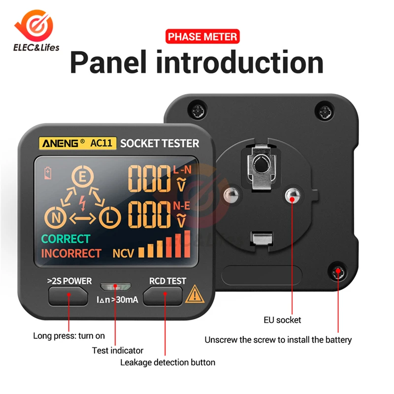 AC11 Digital Smart Socket Tester Voltage Test Socket Detector US/UK/EU/AU Plug Ground Zero Line Phase Check Rcd NCV Test