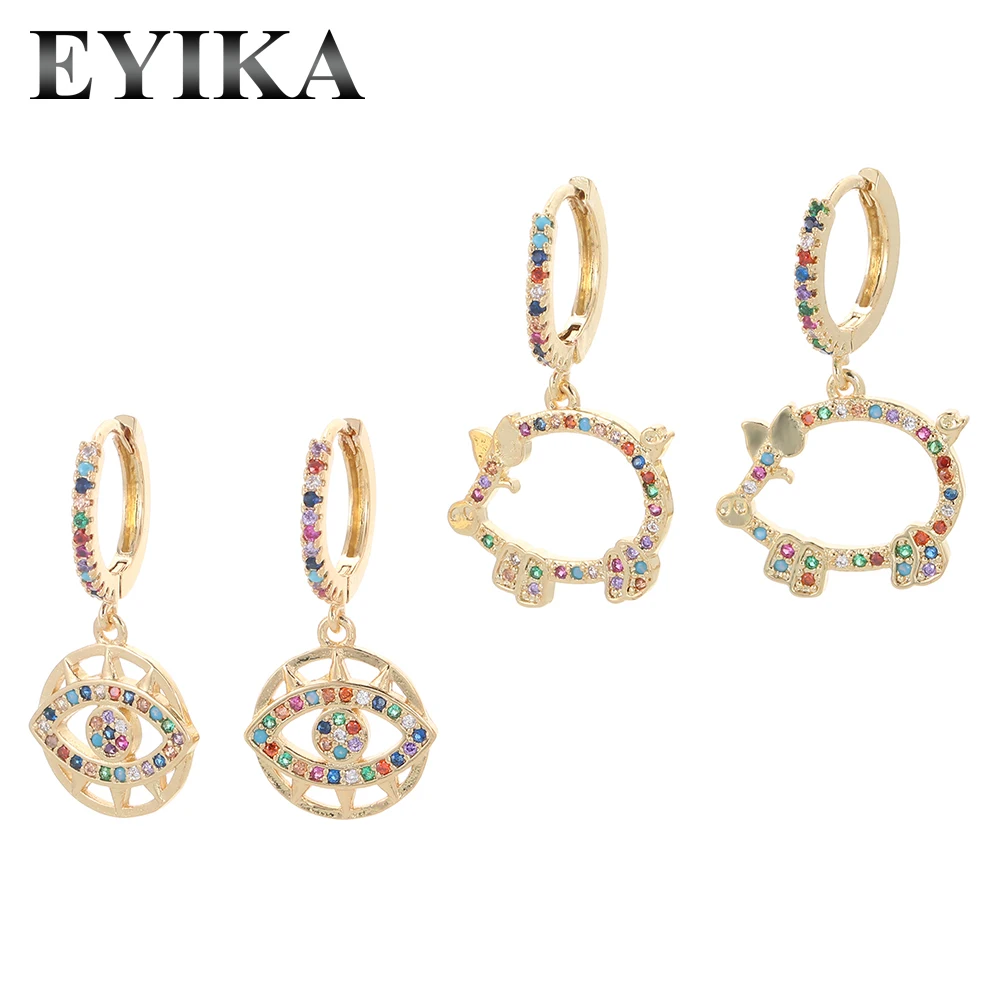EYIKA милые животные кавайные полые свинки для женщин разные цвета циркониевые геометрические серьги сглаза Позолоченные ювелирные изделия
