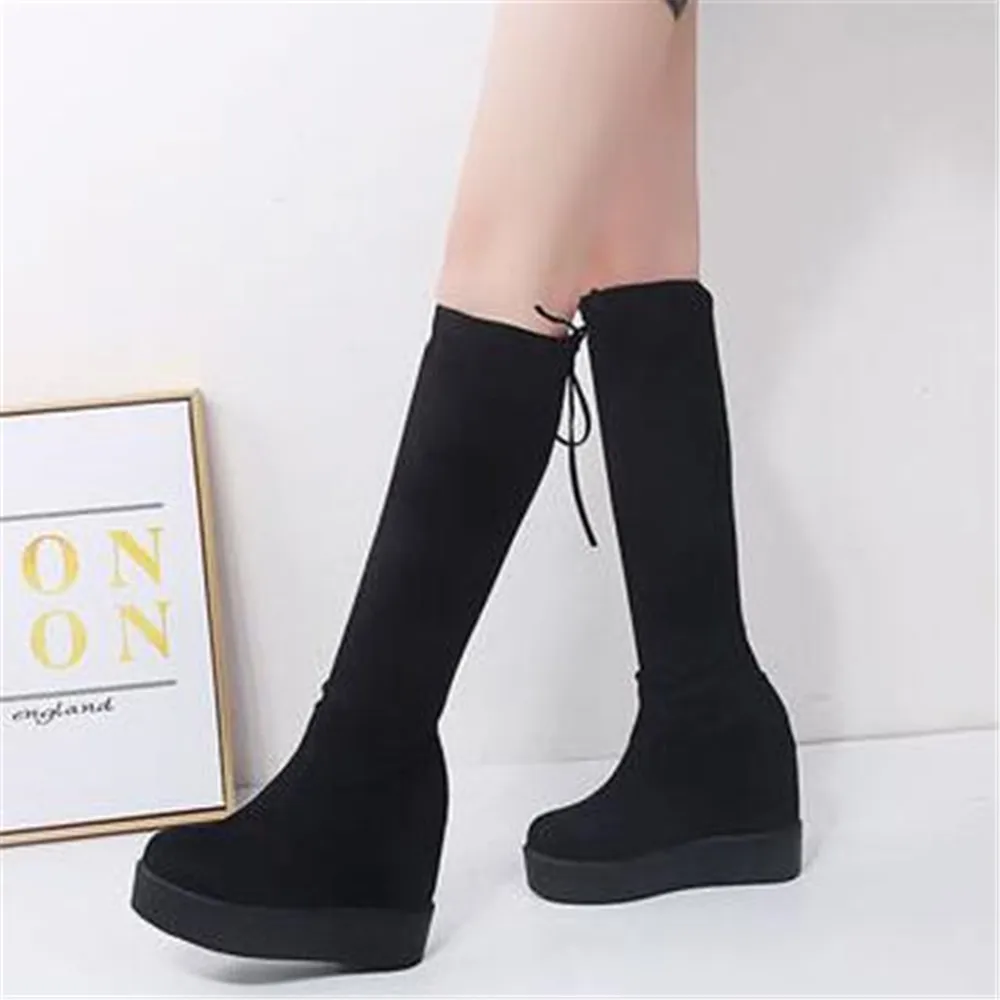 Autumn Winter Warm Wedges Knee High Boots Inner Increase Women\'s Round Toe Elastic Boots Long Tube Muffin Bottom Female Shoes